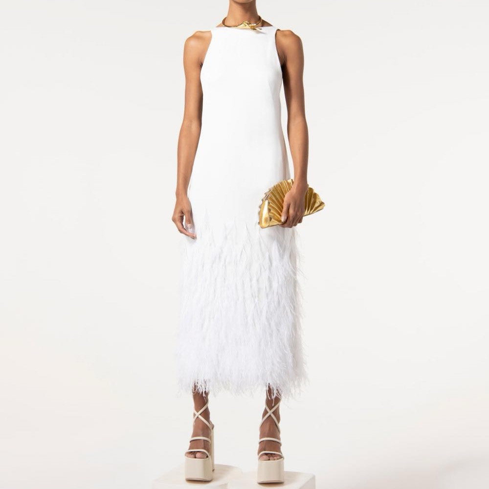 Cult Gaia Aja White Ostrich Feather Open Back Dress Size 4